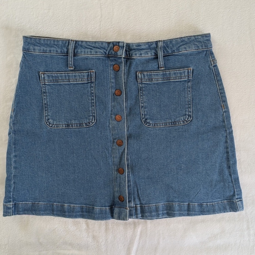 Madewell Denim Mini Skirt Blue Button Front Patch Pocket Sz 32 High Waisted NWT